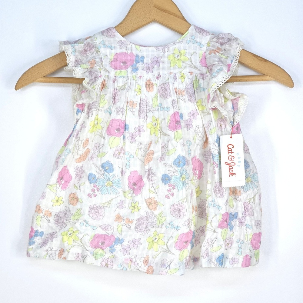 Cat and Jack Baby Girl Dress 12M White Pastel Floral 2 Piece Outfit Cotton NWT